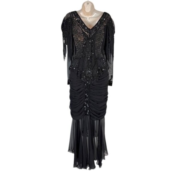 Vintage Black Beaded Fringe Gown Lace Ruched Sequin Cocktail Whimsigoth Dress M - Picture 3 of 17